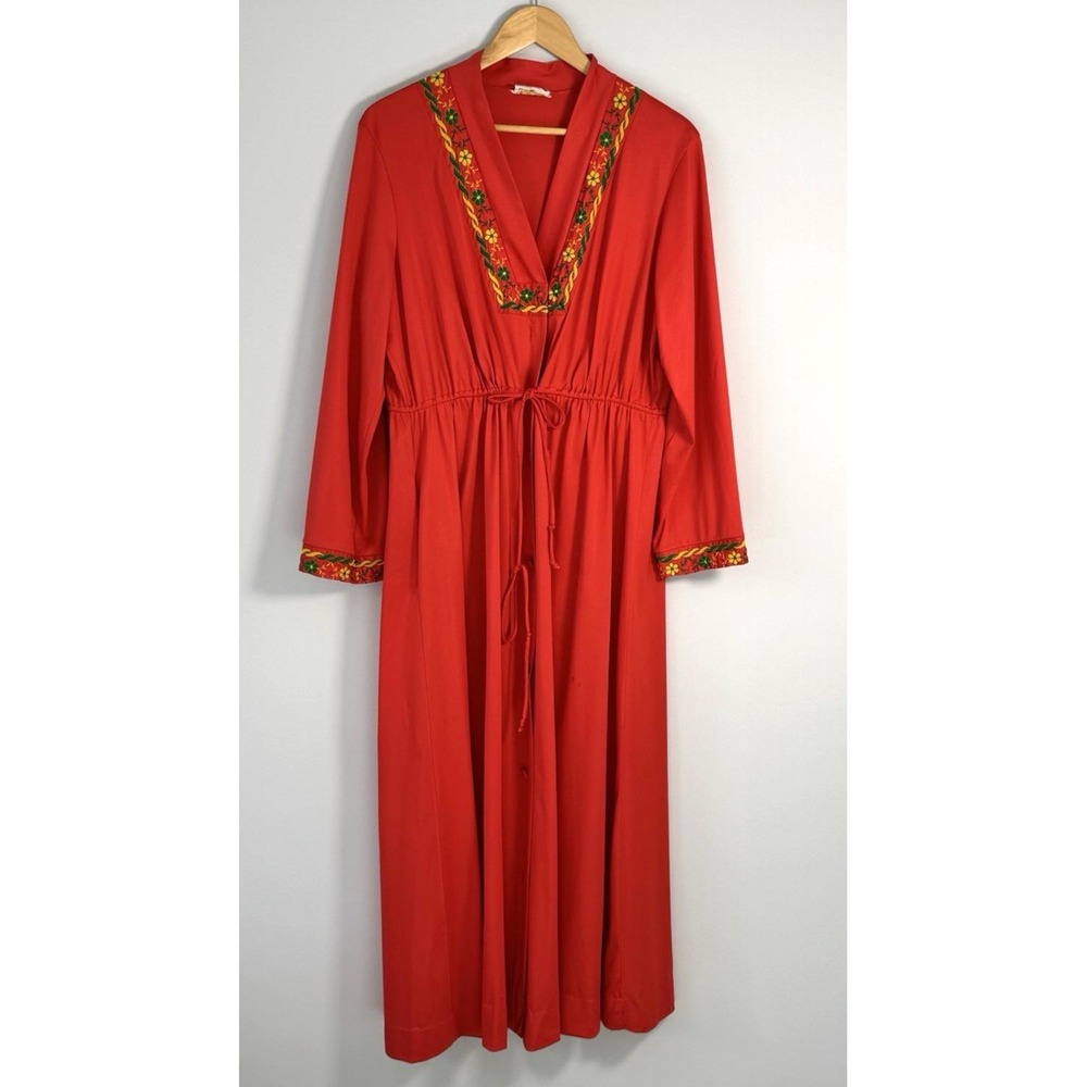 Vtg JC Penney Robes Red Embroidered Lounge Dress L Maxi Boho Peasant‎ READ